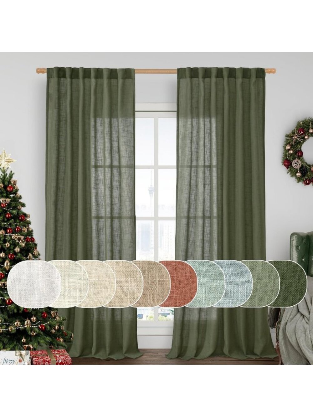 Olive Green Linen Semi-Sheer Curtains, 96" Long, 2 Panels for Elegant Home Decor